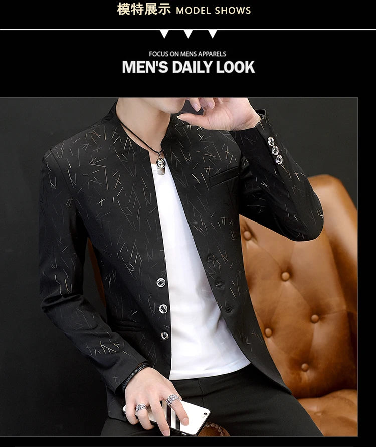 Men's Printed Small Suit Male Korean Version of The Self-cultivation Stand-up Collar Chinese Tunic Casual Suit Thin Jacket Youth