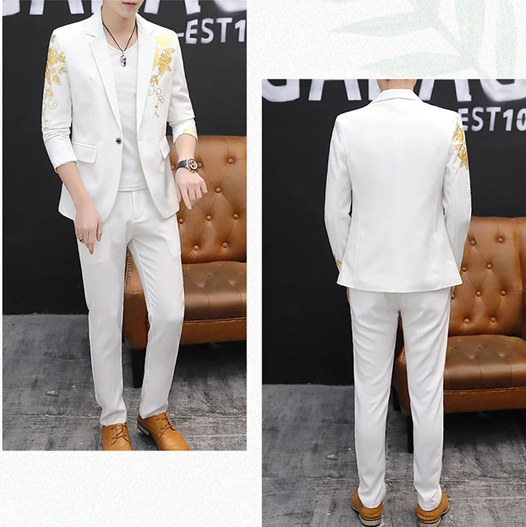 2024 New Men's Yellow Printed Suit Jacket and Trousers Spring Autumn Slim Men 2 Piece White Black Blazer Pants