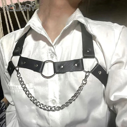 Trendy Men's Leather Harness Straps Chest Straps Men's Pu Leather Costume Belt Adjustable Body Corset Straps Shoulder