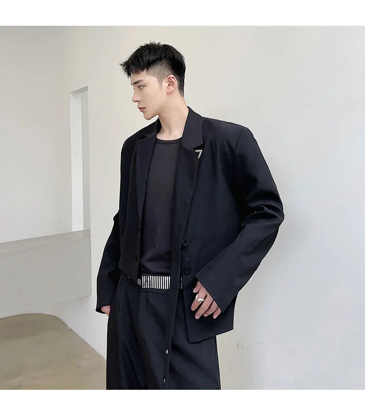 IEFB Men's Chic Short Blazer 2023 New Autumn Detachable Two-piece Suit Coat Irregular Hem Fashion Design Black Jacket 9Y9250