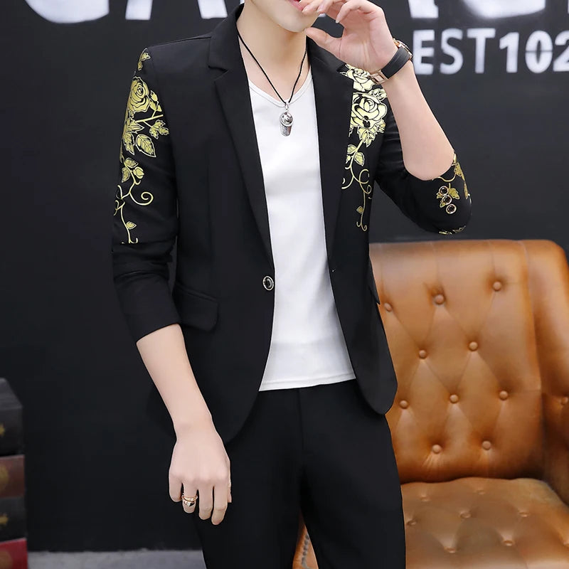 2024 New Men's Yellow Printed Suit Jacket and Trousers Spring Autumn Slim Men 2 Piece White Black Blazer Pants