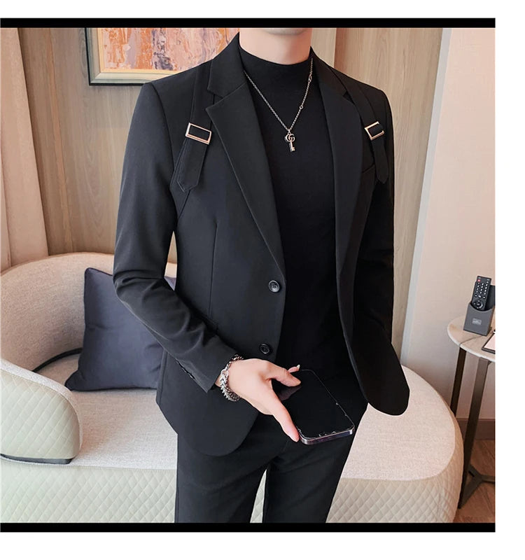 Brand Autumn Winter Strap Decoration Suit Jacket for Men Slim Fit Casual Business Blazers Fashion Wedding Groom Social Coat 2023