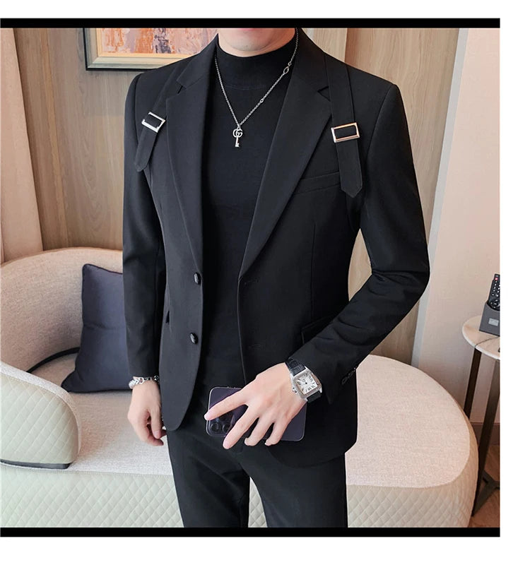 Brand Autumn Winter Strap Decoration Suit Jacket for Men Slim Fit Casual Business Blazers Fashion Wedding Groom Social Coat 2023