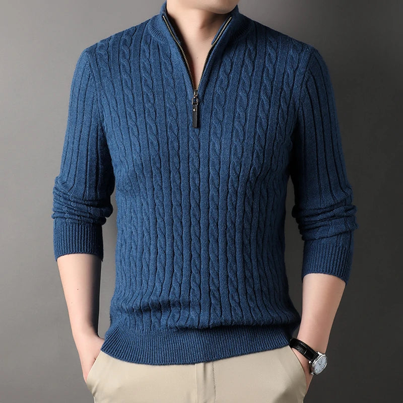 2023 Winter Men's Quarter Zip Sweater Slim Fit Casual Knitted Turtleneck Pullover Mock Neck Polo Sweater