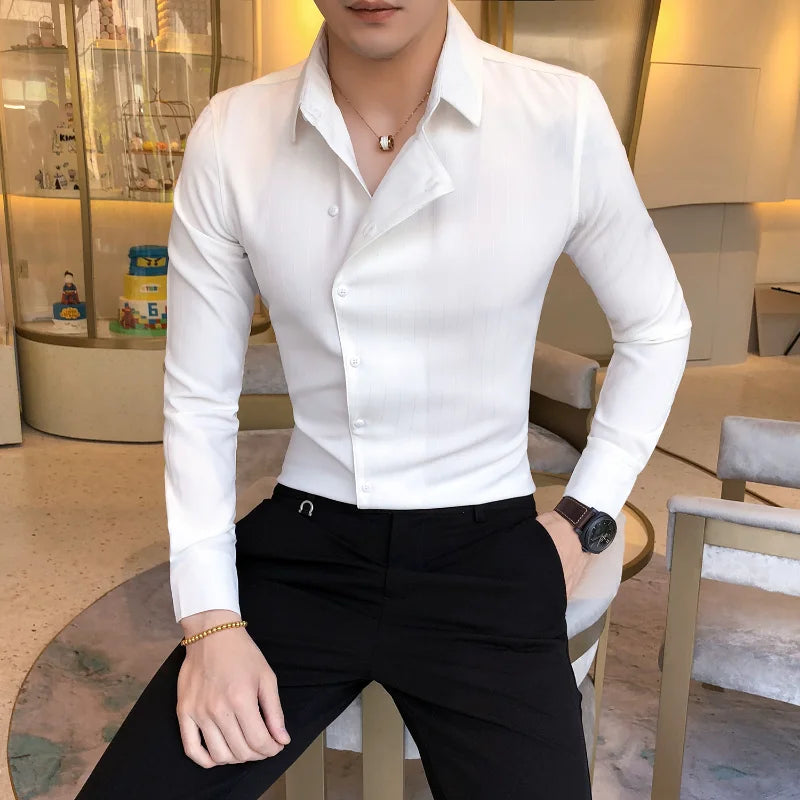 Men British Business Formal Social Long-sleeved Shirts Solid Color Homme Casual Slim Side Front Personality Party Banquet Blouse