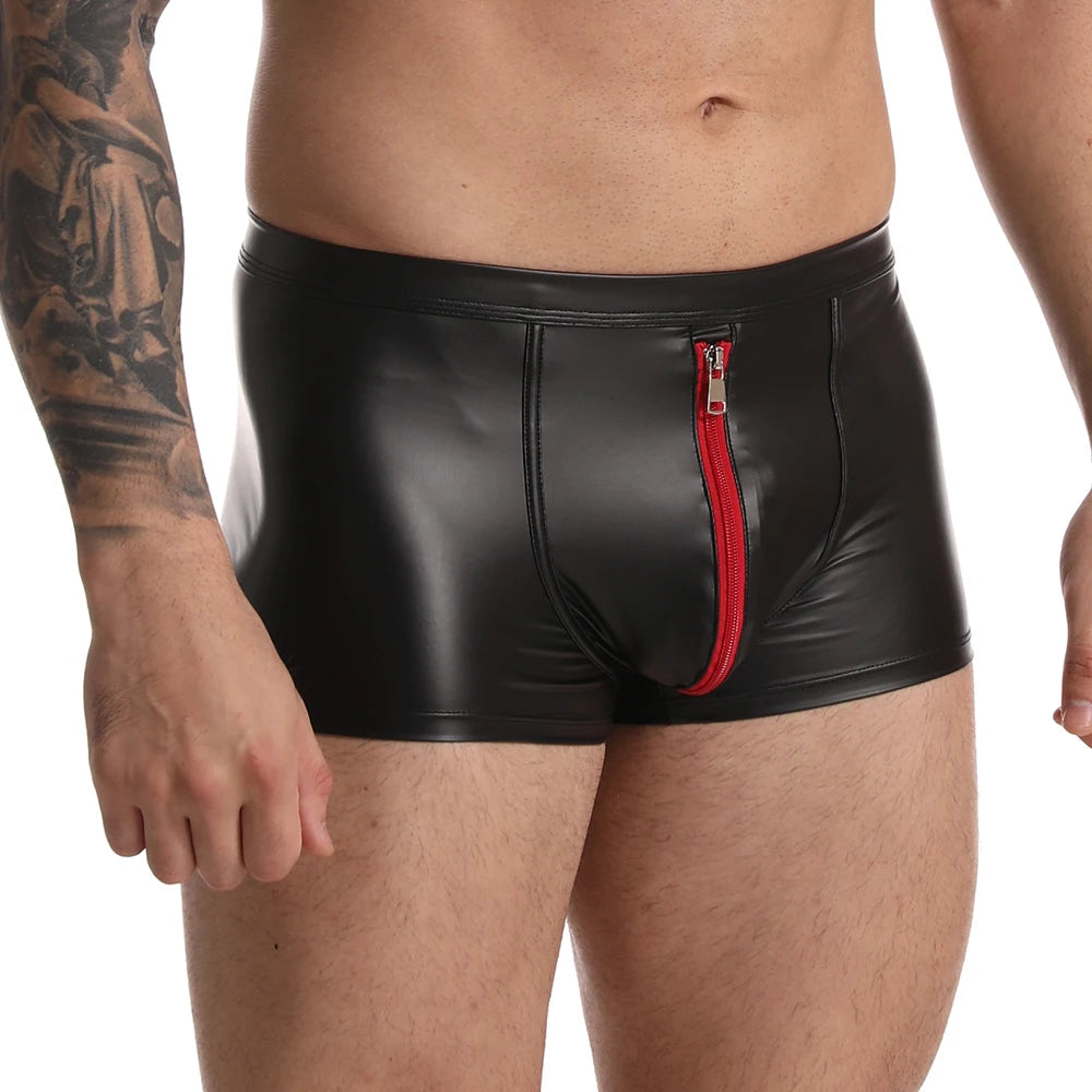 Sexy Men Boxer Shorts and Underpants Bulge Underwear Slip Faux Leather Open Front Gay Panties Zipper Low Waist Male Men's Boxers