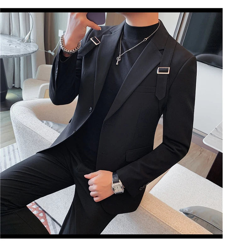 Brand Autumn Winter Strap Decoration Suit Jacket for Men Slim Fit Casual Business Blazers Fashion Wedding Groom Social Coat 2023