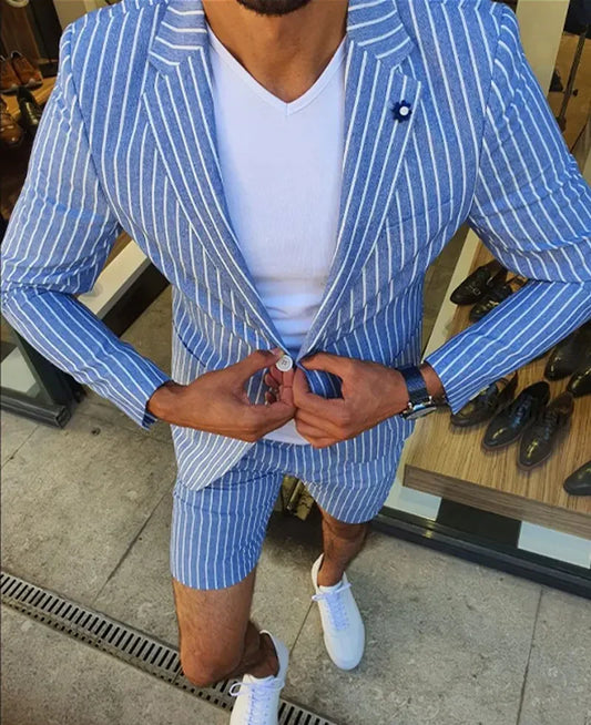 Men's Blazer Suit Set Casual Vertical Stripe Notch Lapel Two Button Blazer & Shorts 2Pcs Set Men's Clothing