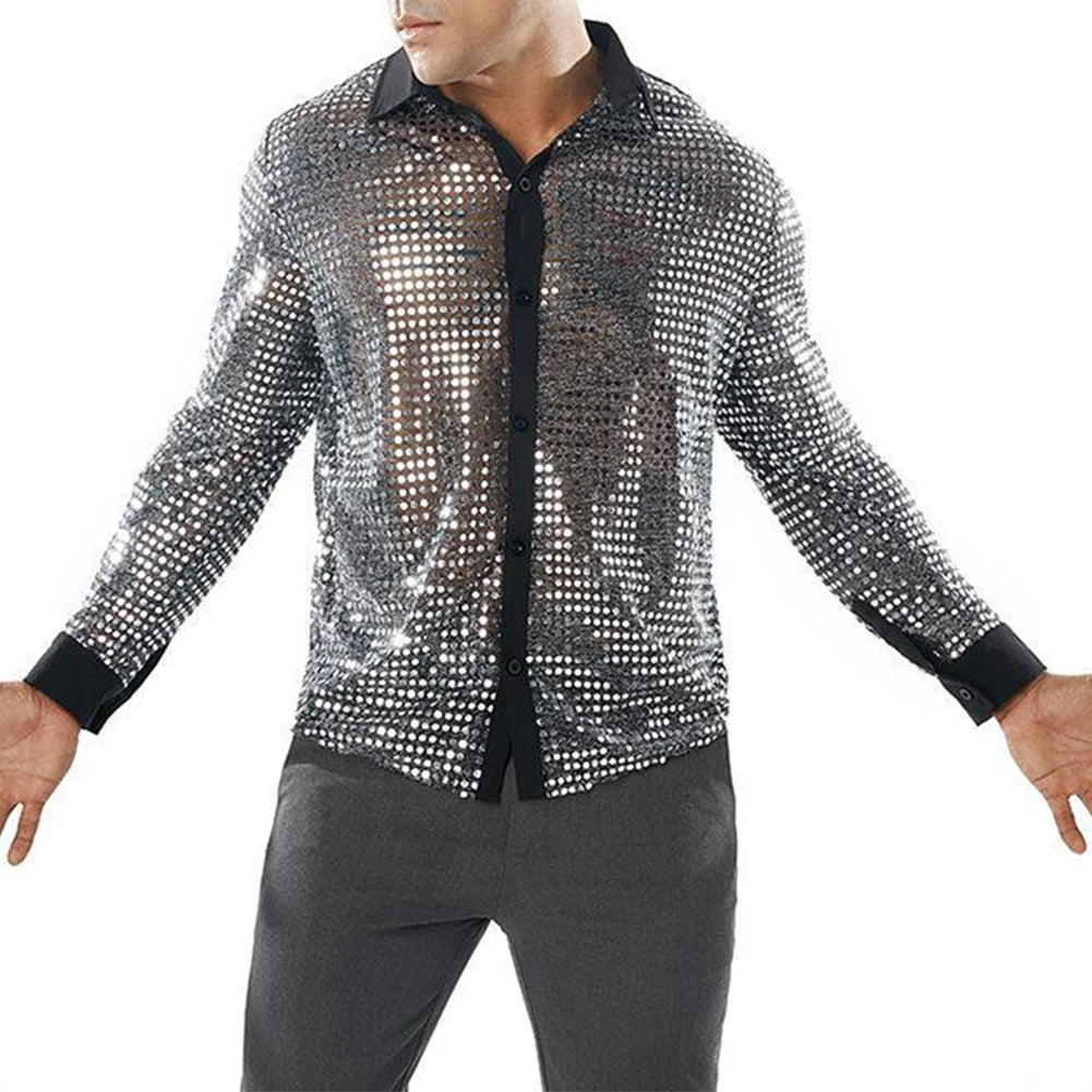 2023 Fashion Mens Sparkly Sequins Party Dance Shirts Retro 70s Disco Nightclub Shirt Tops Single Breasted Performance Clothing