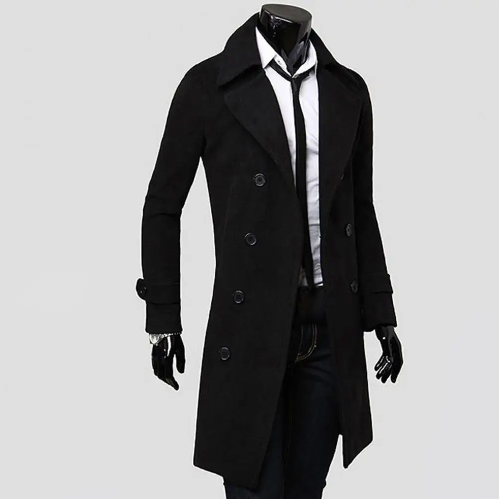 Simple Trench Coat  Double-breasted Male Men Coat  Coldproof Pure Color Jacket