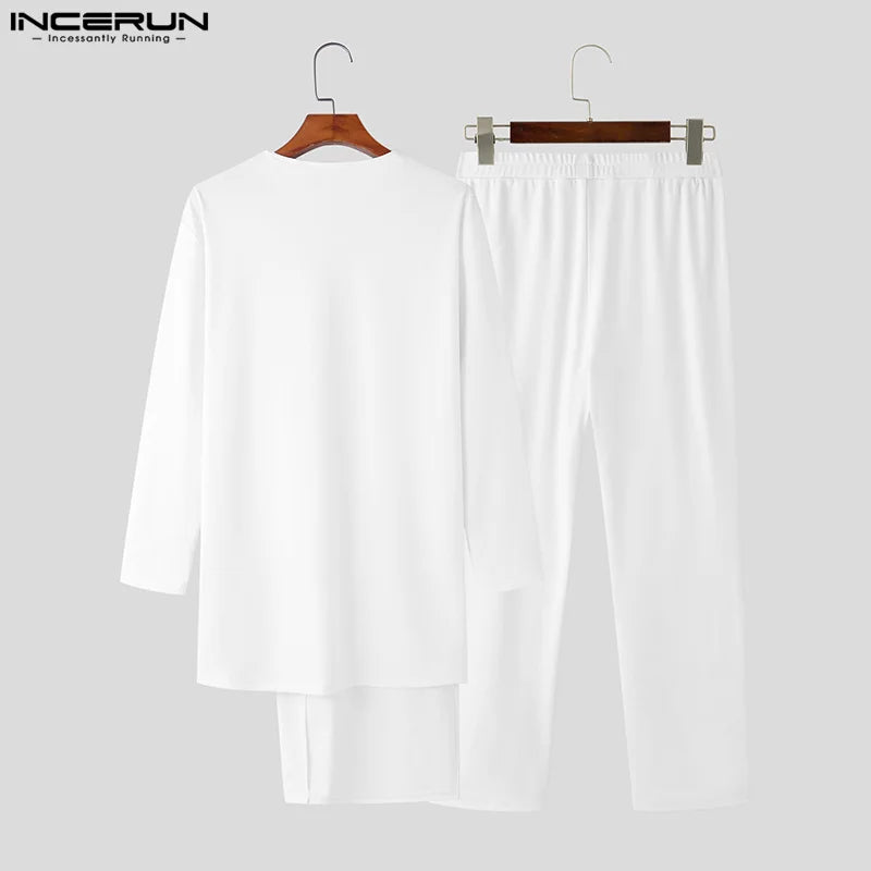 Fashion Casual Style Sets INCERUN Men Long-sleeved T-shirts Trousers Suit Male Fake Two-piece Tops Knitted Two-piece Sets S-5XL