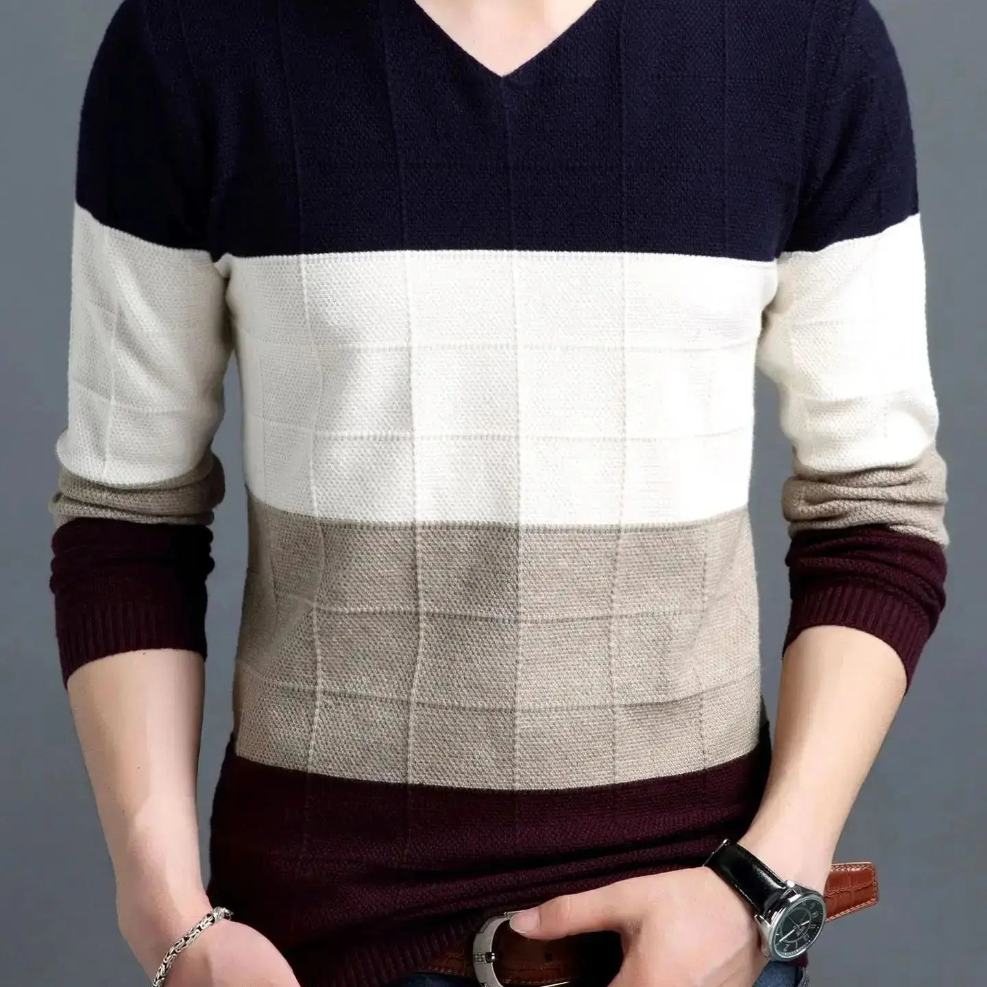 New Men Pullover Fashion Young V Neck Spring Autumn Slim Fit  Knit Patchwork Striped Male Casual Jumpers Outwear Full Sweater