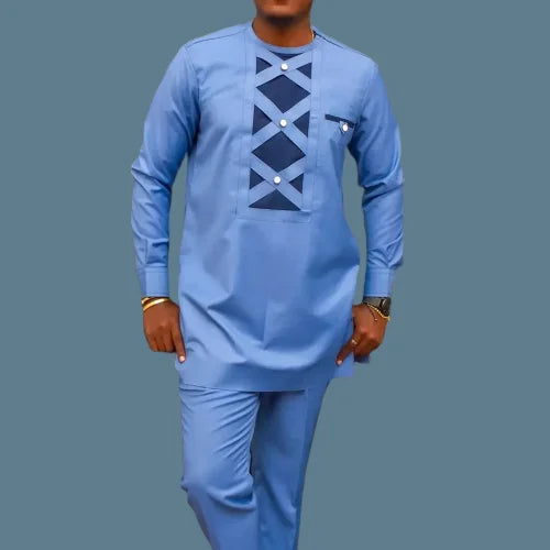 Dashiki African Men Clothing Long Sleeve Round Neck Geometric Panel Shirt and Pants 2-Piece Sets Wedding Party Elegant Men Suit