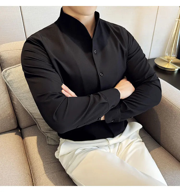 Sexy V-neck Shirt Men's Long Sleeved Casual Shirts Collarless Seamless Business Dress Shirt Social Party Tuxedo Blouse M-4XL