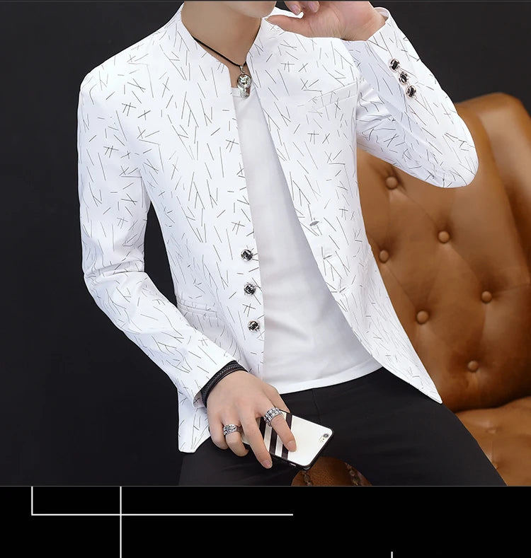 Men's Printed Small Suit Male Korean Version of The Self-cultivation Stand-up Collar Chinese Tunic Casual Suit Thin Jacket Youth