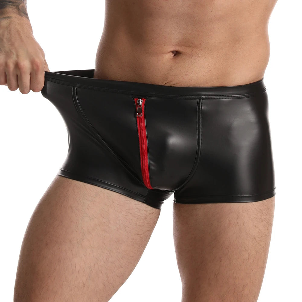 Sexy Men Boxer Shorts and Underpants Bulge Underwear Slip Faux Leather Open Front Gay Panties Zipper Low Waist Male Men's Boxers