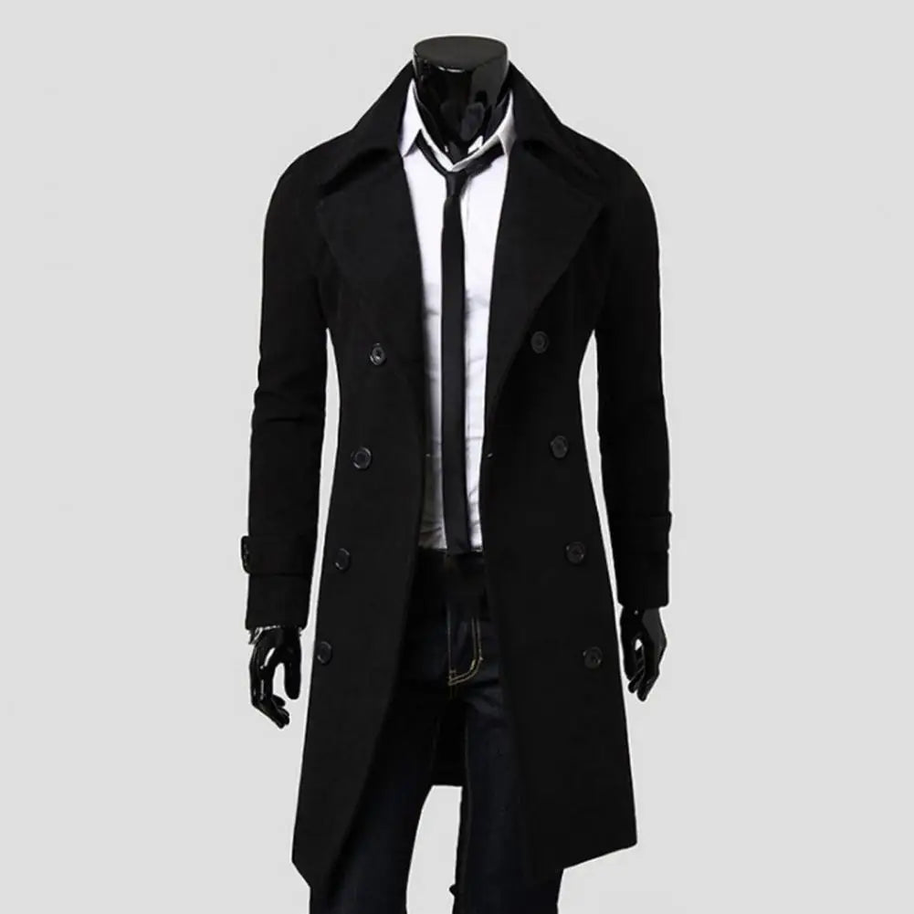 Simple Trench Coat  Double-breasted Male Men Coat  Coldproof Pure Color Jacket