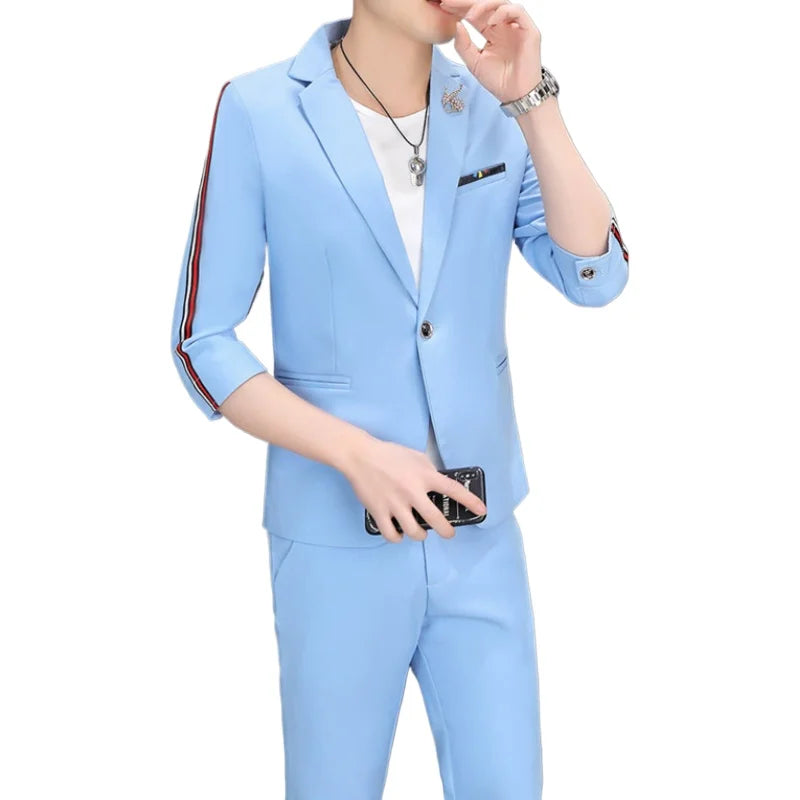 2024 Summer Suit (suit + Trousers) Korean Slim Mid-sleeved Casual Seven-point Sleeved Suit Fashion Handsome Two-piece Set  M-3XL