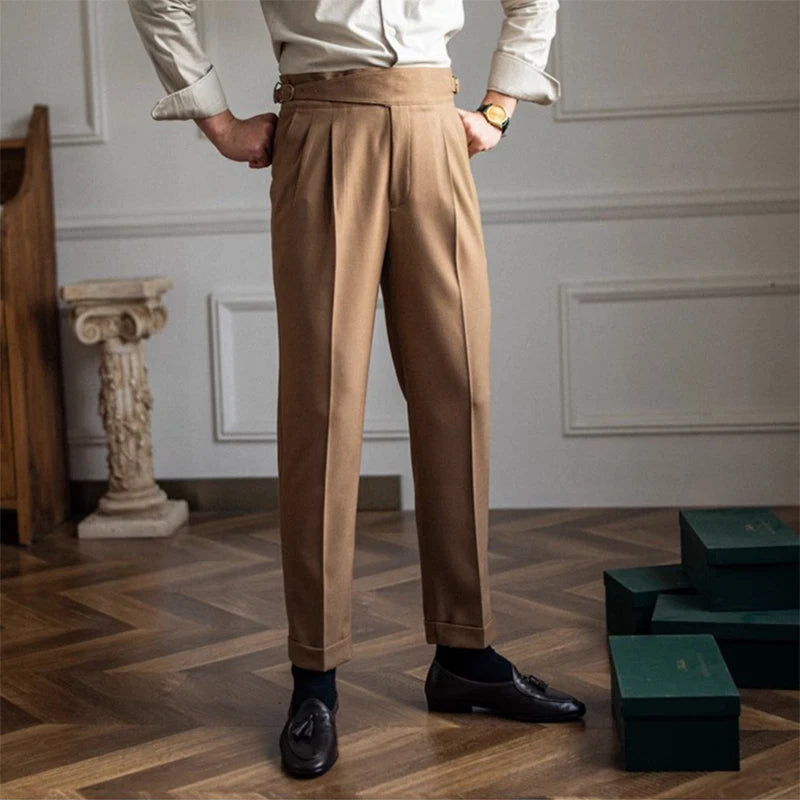 New Casual Solid Color Suit Trousers Men Spring Trendy Belt High Waist Pants Male Business Office Fashion Pleated Straight Pants