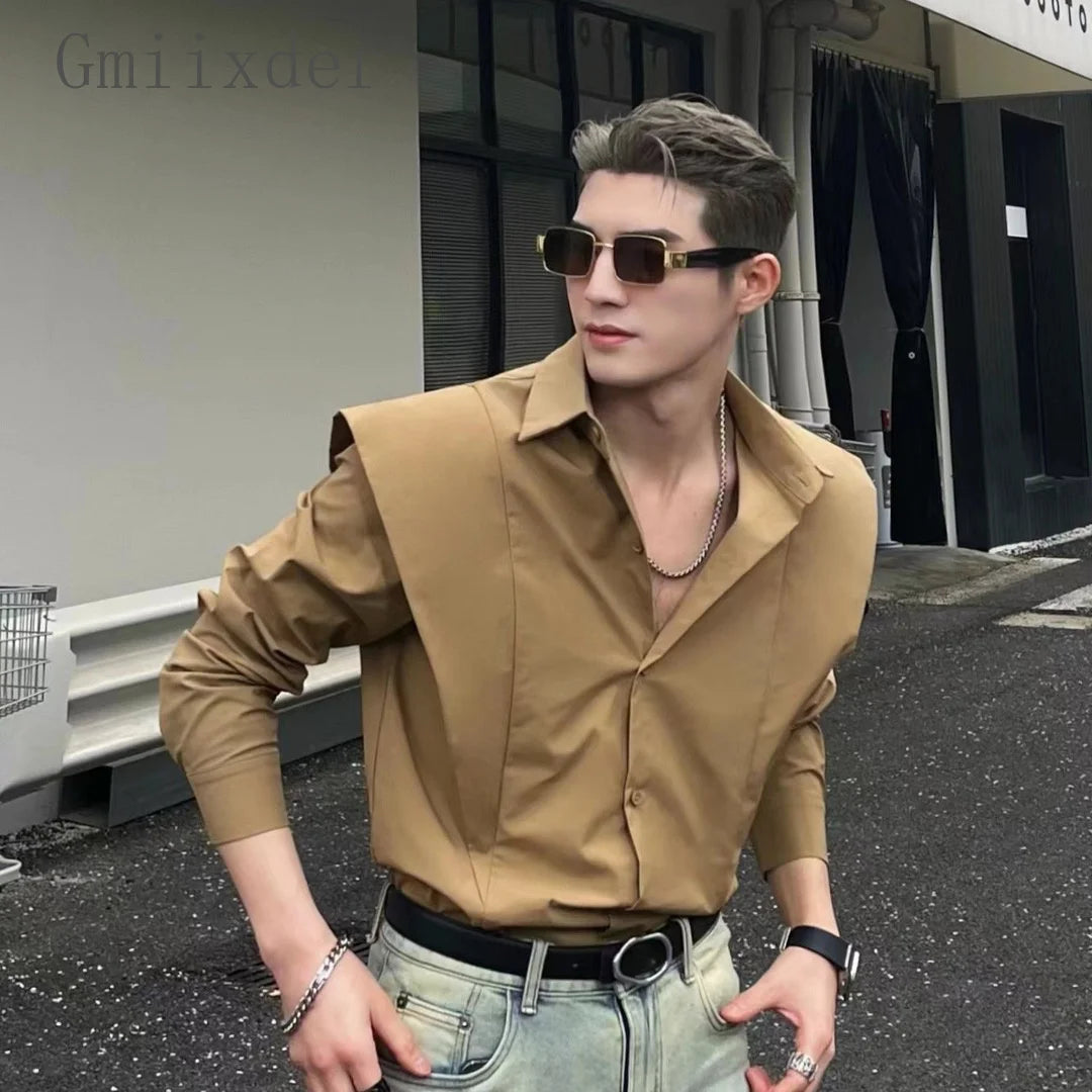 Spring Autumn Square Collar Simple Splicing Sun Protection Shirt Men's Handsome Loose Casual High Street Shirts Outerwear Tops