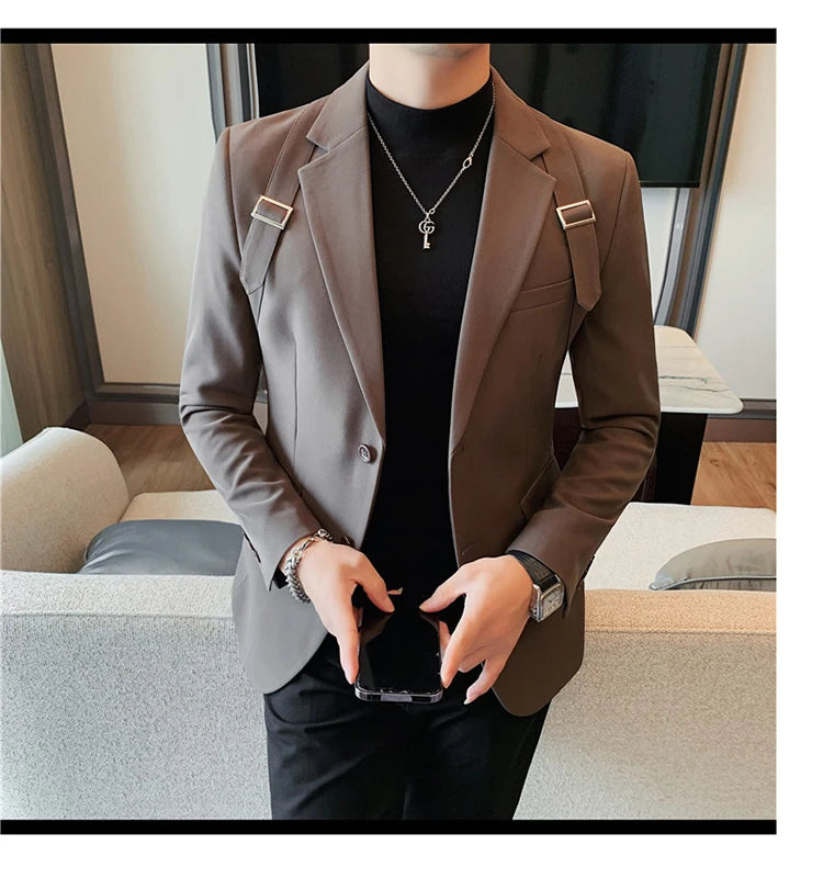 Brand Autumn Winter Strap Decoration Suit Jacket for Men Slim Fit Casual Business Blazers Fashion Wedding Groom Social Coat 2023