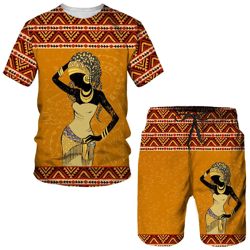 Fashion Men Summer Crew Neck Short Sleeve Top/Shorts/Retro Ethnic Style African Clothes Street Outfits Men's Leisure Sports Suit