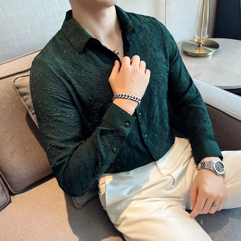 Luxury Vintage Jacquard Shirt 2024 Spring Long Sleeve Slim Fit Casual Tuxedo Fashion Man Wedding social Shirts Plus Size 4XL-M