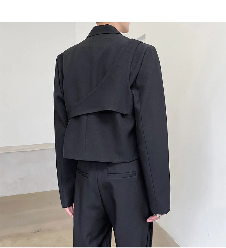 IEFB Men's Chic Short Blazer 2023 New Autumn Detachable Two-piece Suit Coat Irregular Hem Fashion Design Black Jacket 9Y9250