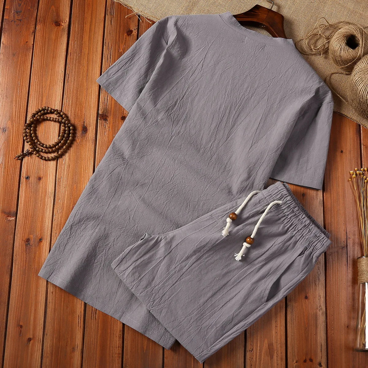 5XL Summer Loose-fit Vintage Casual Cotton Linen Suit For Men Chinese Style Long Sleeve T-shirt Shorts Two-piece Set