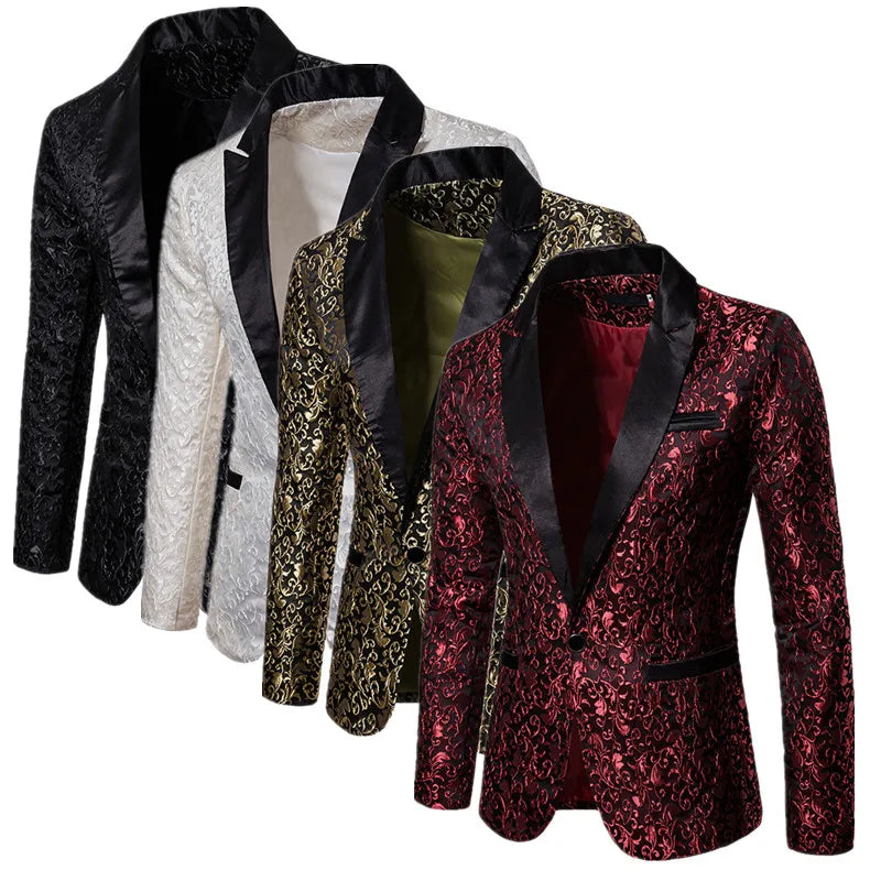 Fashion Men Business Social Jacquard Suit Jacket Single Breasted Top Black / White / Gold Men's Wedding Party Dress Blazers Coat