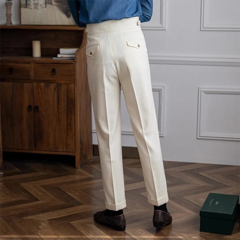 New Casual Solid Color Suit Trousers Men Spring Trendy Belt High Waist Pants Male Business Office Fashion Pleated Straight Pants