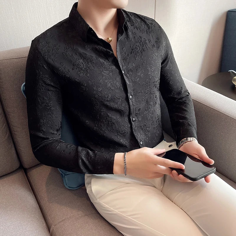 Luxury Vintage Jacquard Shirt 2024 Spring Long Sleeve Slim Fit Casual Tuxedo Fashion Man Wedding social Shirts Plus Size 4XL-M