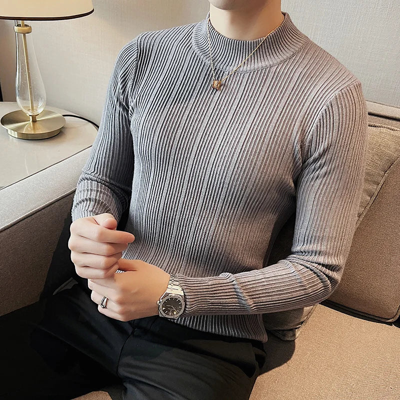 Plus Size 4XL-M Autumn Winter Half Turtleneck Stripe Sweater Men Elastic Knitting Pullover Korean Slim Solid Tight Sweater Tops