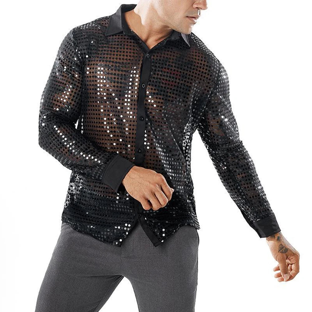 2023 Fashion Mens Sparkly Sequins Party Dance Shirts Retro 70s Disco Nightclub Shirt Tops Single Breasted Performance Clothing