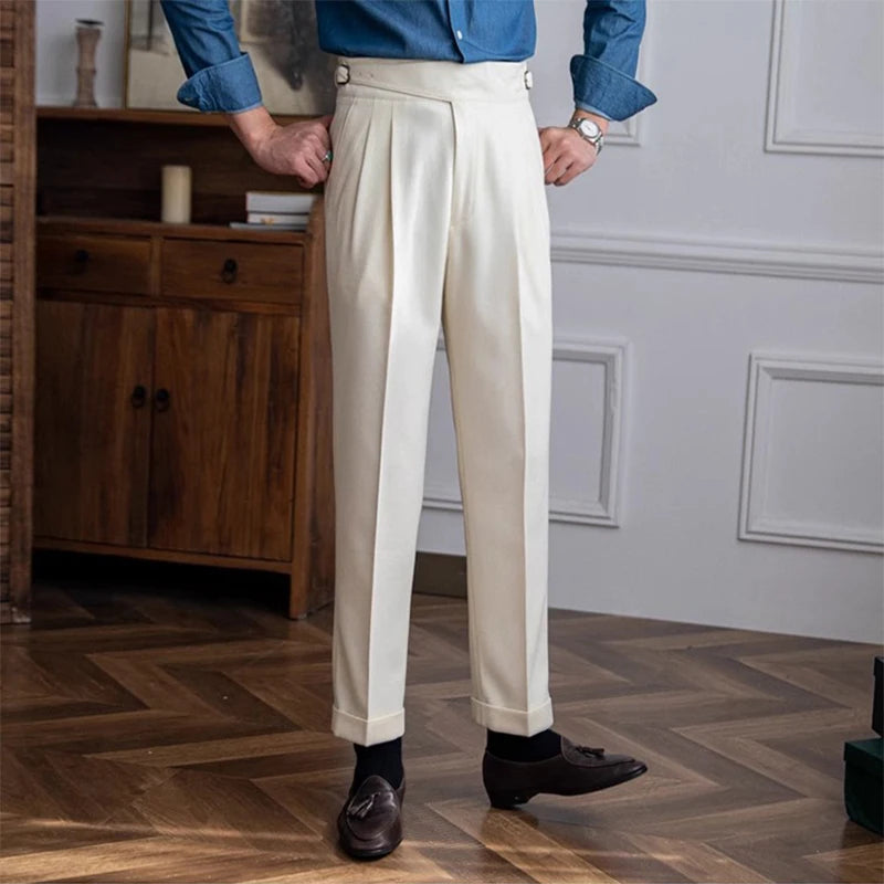 New Casual Solid Color Suit Trousers Men Spring Trendy Belt High Waist Pants Male Business Office Fashion Pleated Straight Pants