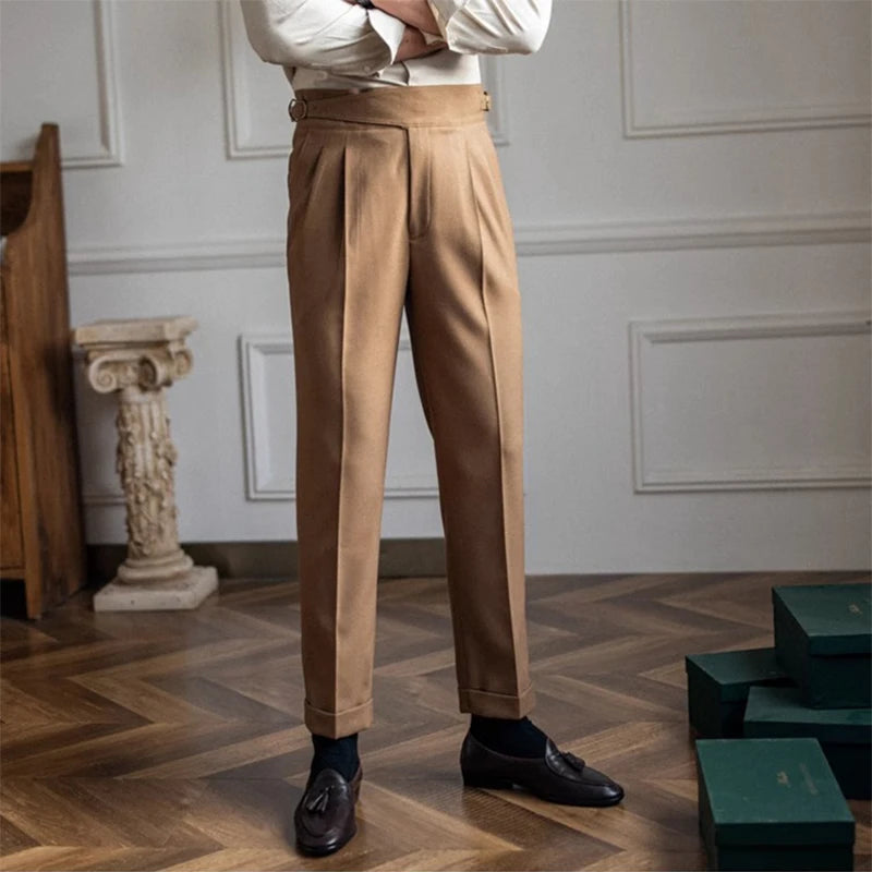 New Casual Solid Color Suit Trousers Men Spring Trendy Belt High Waist Pants Male Business Office Fashion Pleated Straight Pants