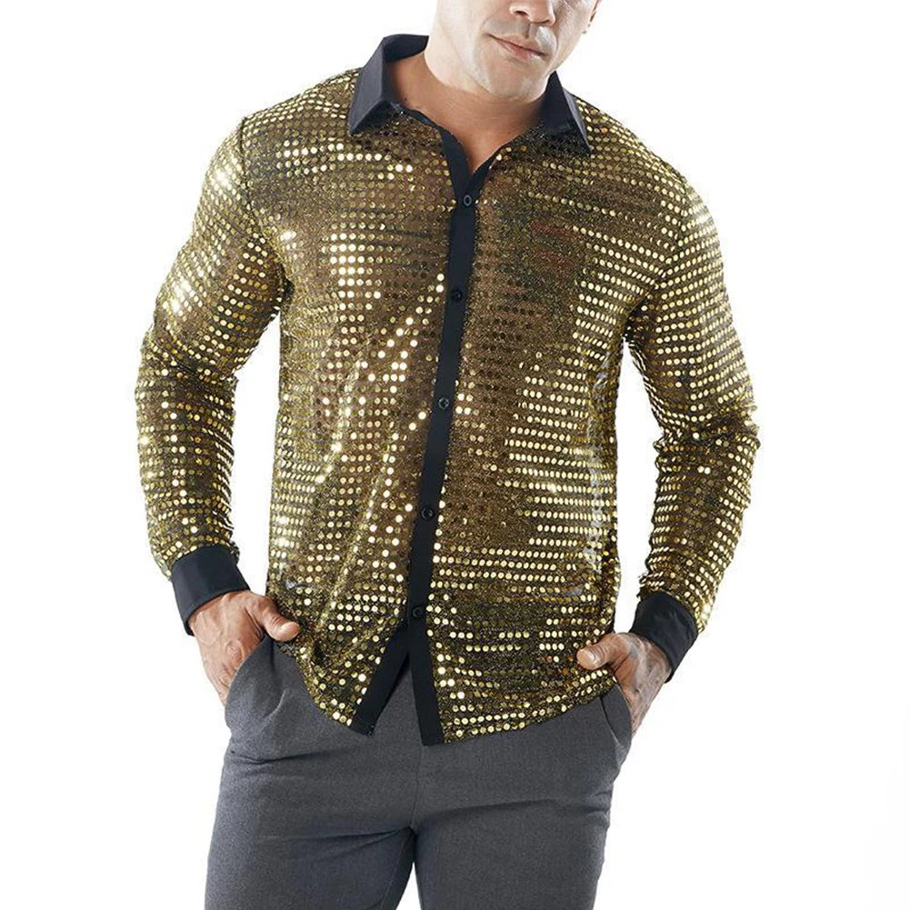 2023 Fashion Mens Sparkly Sequins Party Dance Shirts Retro 70s Disco Nightclub Shirt Tops Single Breasted Performance Clothing