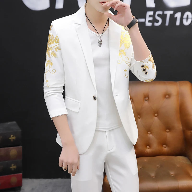 2024 New Men's Yellow Printed Suit Jacket and Trousers Spring Autumn Slim Men 2 Piece White Black Blazer Pants