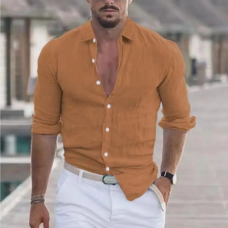 2024 New Men's Shirt Cotton Linen Fashion Casual High Neck Beach Shirt Long Sleeve Solid Color Hawaiian Vacation Leisure