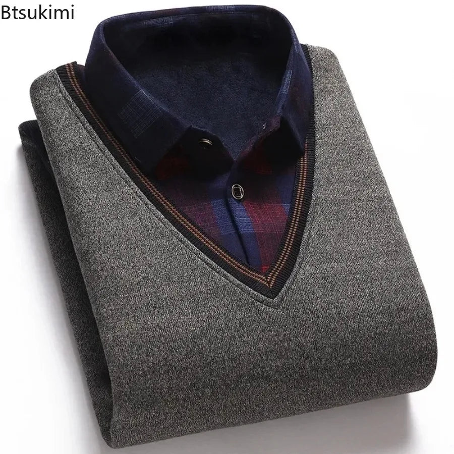 New 2024 Autumn Winter Men's Wool Shirt-Neck Sweater Fashionable Plaid Solid Thickened Warm Fleece High Quality Versatile Casual