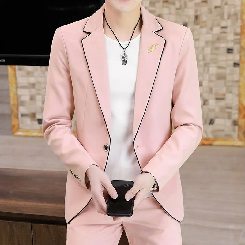 2024 New Men's Yellow Printed Suit Jacket and Trousers Spring Autumn Slim Men 2 Piece White Black Blazer Pants