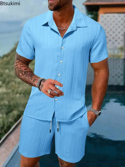 Men's Beach Style Sets 2024 High-Quality Strip Texture Comfotable Casual 2-Piece Man Short Sleeve Shirts+Short Pants Suits Sets