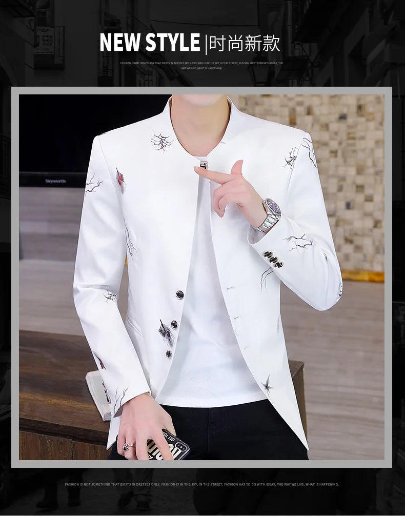 Men's Printed Small Suit Male Korean Version of The Self-cultivation Stand-up Collar Chinese Tunic Casual Suit Thin Jacket Youth