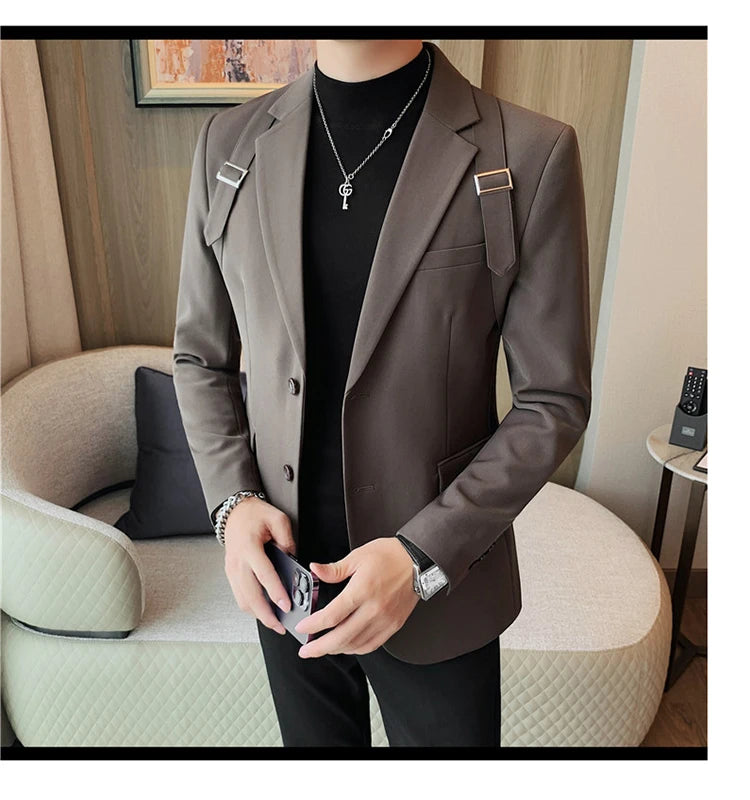 Brand Autumn Winter Strap Decoration Suit Jacket for Men Slim Fit Casual Business Blazers Fashion Wedding Groom Social Coat 2023