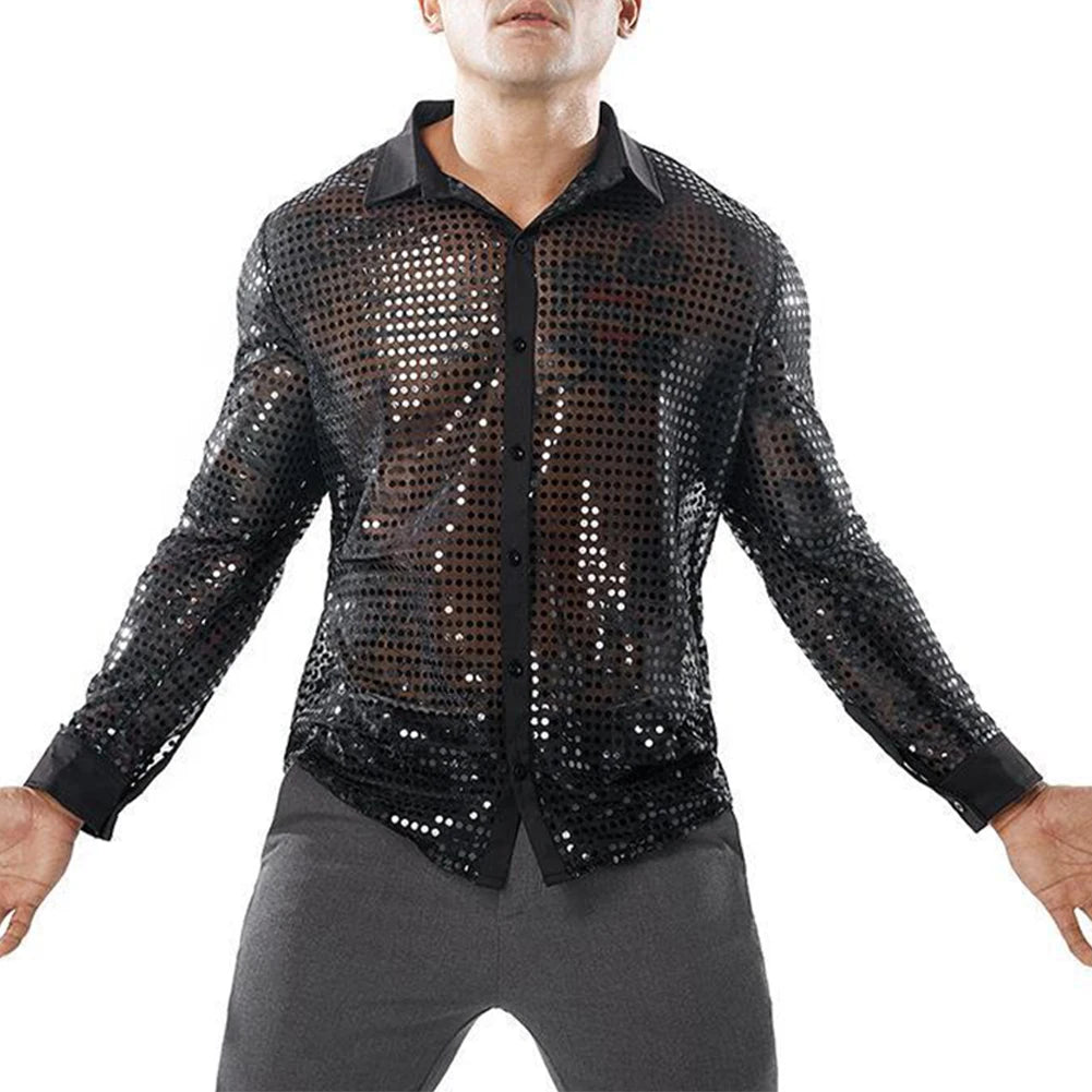 2023 Fashion Mens Sparkly Sequins Party Dance Shirts Retro 70s Disco Nightclub Shirt Tops Single Breasted Performance Clothing