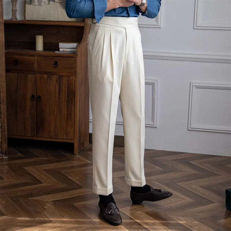 New Casual Solid Color Suit Trousers Men Spring Trendy Belt High Waist Pants Male Business Office Fashion Pleated Straight Pants