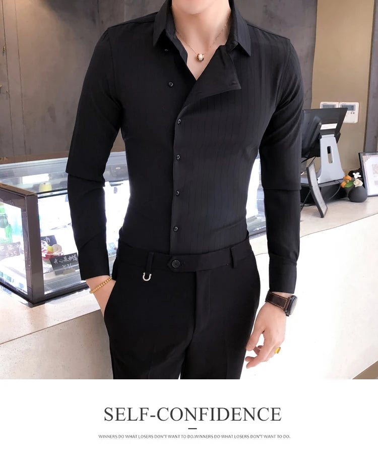 Men British Business Formal Social Long-sleeved Shirts Solid Color Homme Casual Slim Side Front Personality Party Banquet Blouse