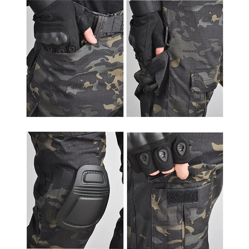 Summer Short Sleeve Sets Men Breathable Tactical Tshirts+Multi-pocket Straight Cargo Pants 2 Pcs Suits Camo Work Training Set