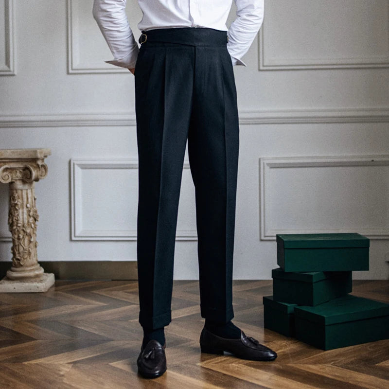 New Casual Solid Color Suit Trousers Men Spring Trendy Belt High Waist Pants Male Business Office Fashion Pleated Straight Pants