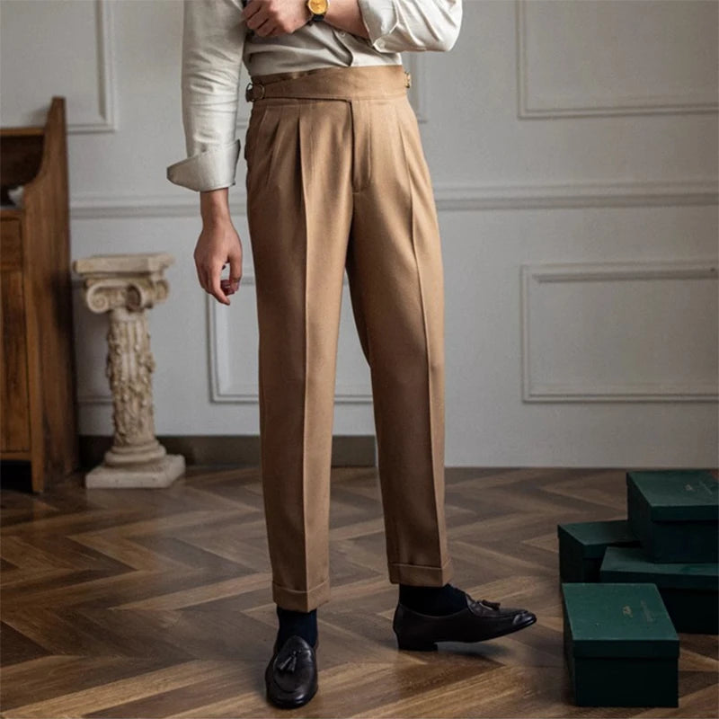 New Casual Solid Color Suit Trousers Men Spring Trendy Belt High Waist Pants Male Business Office Fashion Pleated Straight Pants